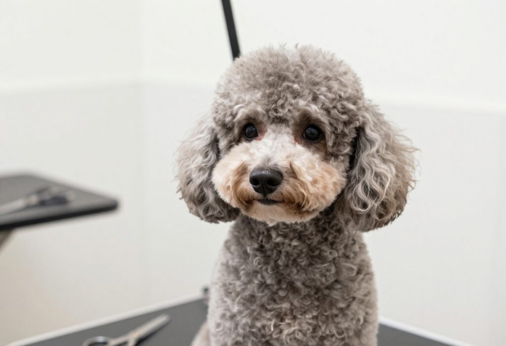 A calm poodle with a neatly groomed face in a home grooming setup, showcasing stress-free grooming tools and a relaxed environment.