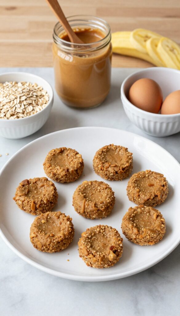 Homemade peanut butter banana oat dog treats arranged on a plate with ingredients like peanut butter, banana, oats, and egg in the background, showcasing easy, dog-safe recipe ideas in a bright, clean kitchen setting.