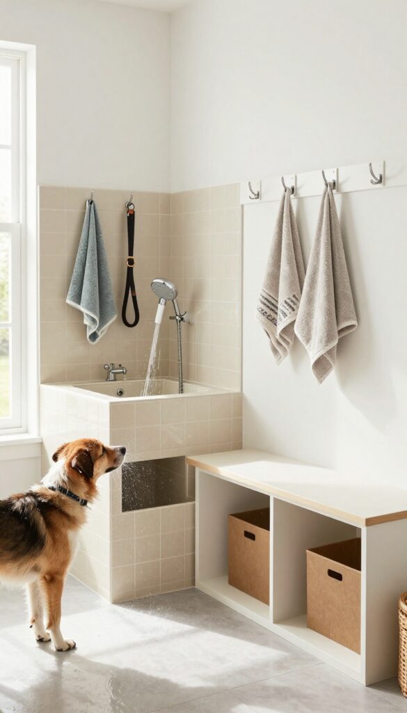 A bright mudroom with a built-in dog wash station, hooks for leashes, and a storage bench, with a wet dog shaking off water.