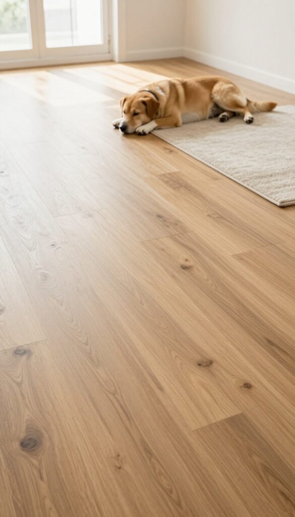 Dog lying on durable luxury vinyl plank flooring in a bright, stylish apartment living room.
