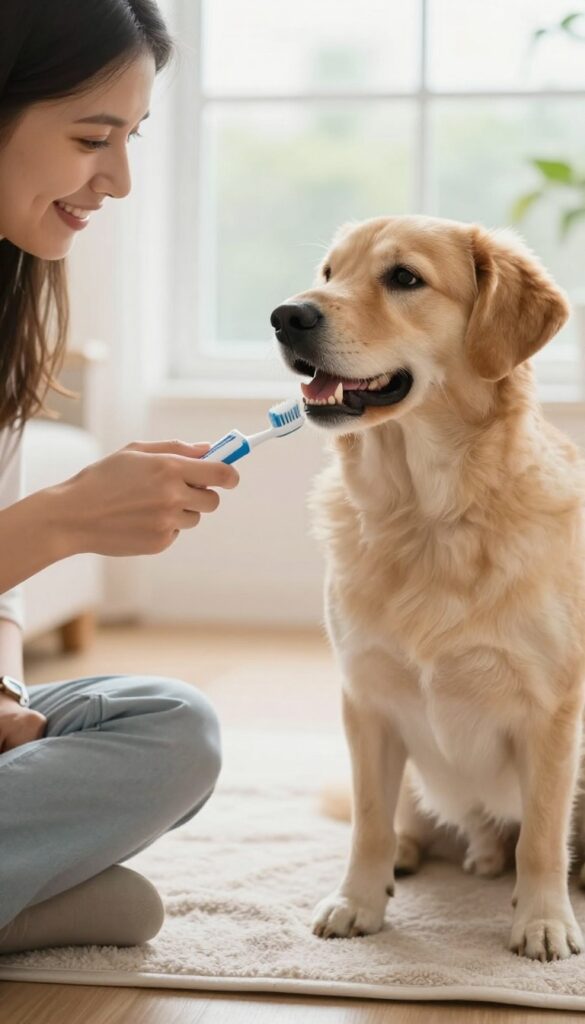 A dog owner brushing their dog's teeth with dog-friendly toothpaste in a bright, natural setting.