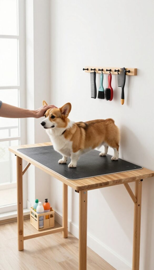 A fold-down grooming table in use in a small apartment space, with a dog being brushed and grooming tools stored neatly nearby.