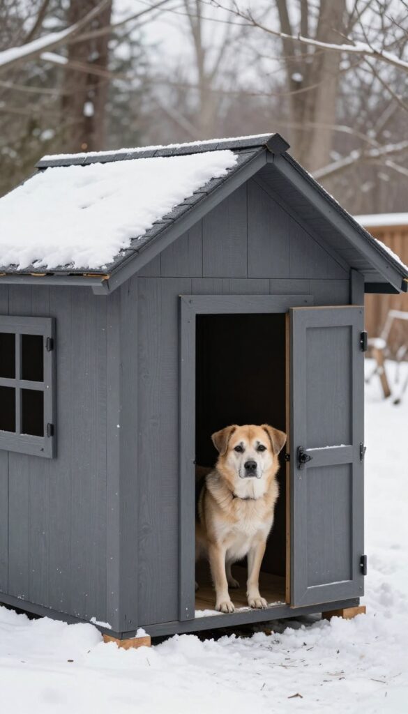 Insulated plywood dog house with vinyl flap door in snowy backyard, senior dog peeking out