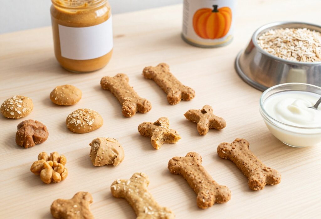 A variety of homemade dog treats and pantry ingredients arranged on a wooden surface, representing easy recipes for dogs.