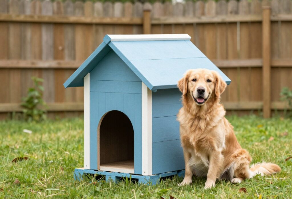 A blue pallet dog house with a white roof in a backyard, with a golden retriever sitting next to it.