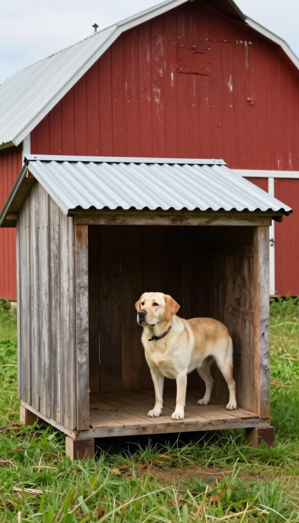 Farm lean-to dog house attached to barn with corrugated metal roof and Labrador retriever inside