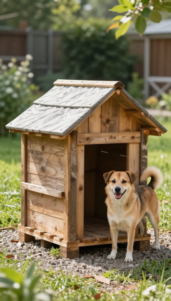 Rustic pallet dog house with insulated roof in a sunny backyard