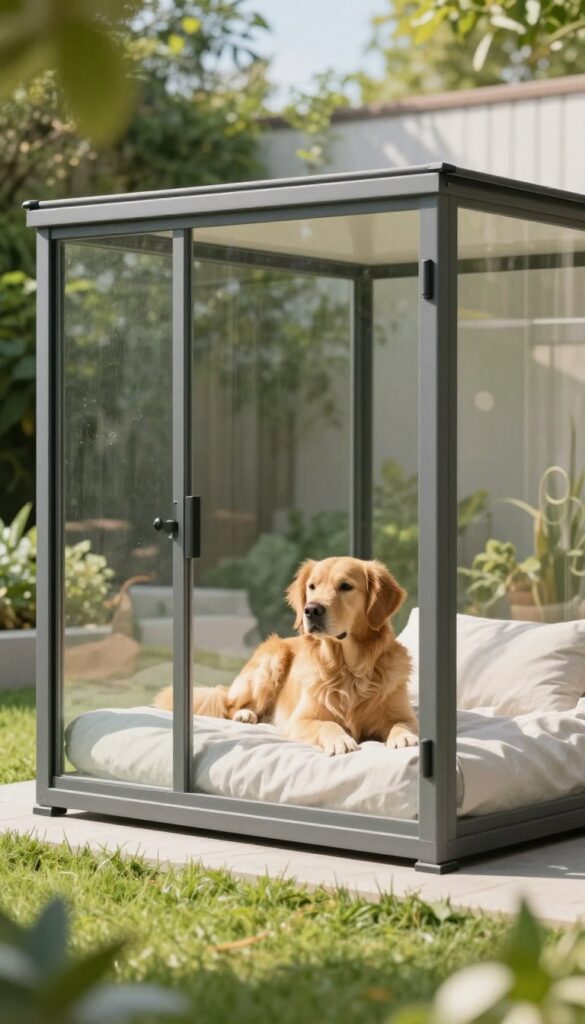 Glass-walled dog house with privacy film and dog lounging inside