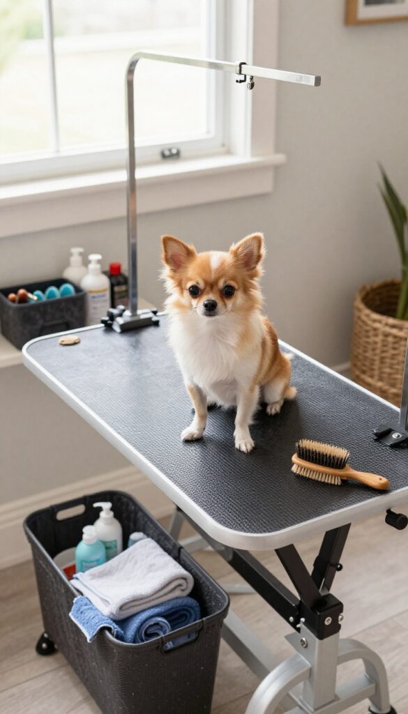 A DIY grooming station for small dogs set up in a spare home corner, with non-slip padding and organized tools in storage bins.