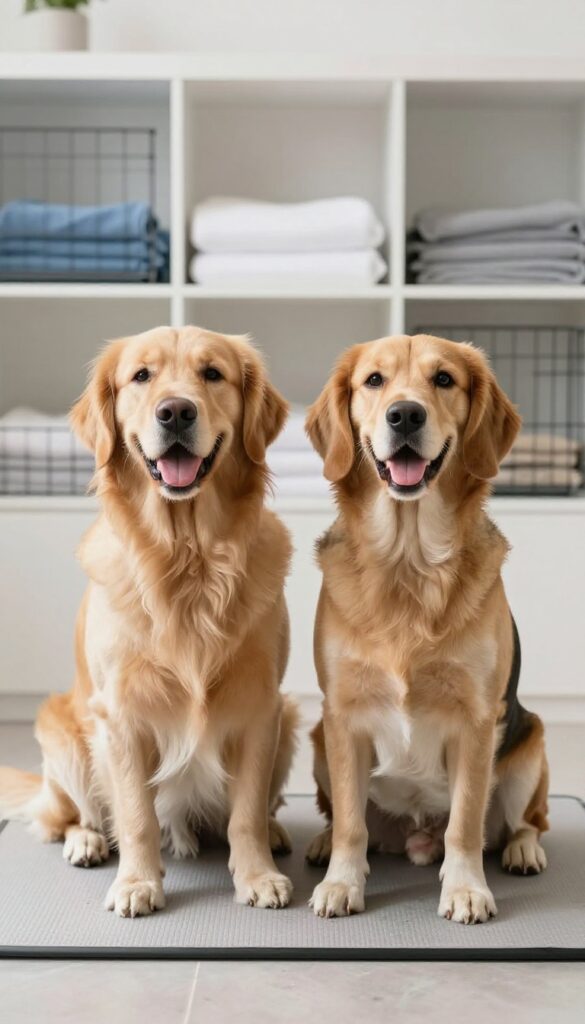 Two dogs sitting together in a bright grooming studio, showcasing a calm and organized environment for multi-dog family discounts.
