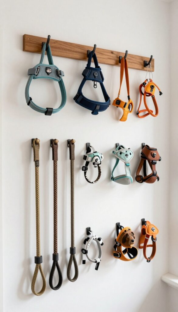 A well-organized wall-mounted hook system displaying dog collars and harnesses in a bright, tidy entryway, showcasing practical pet supply storage.