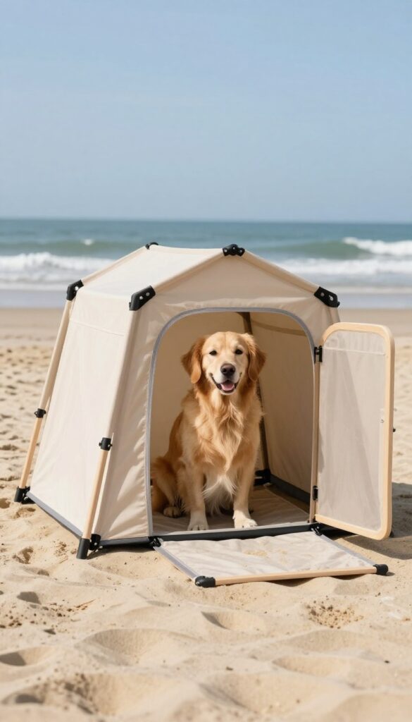 Portable pop-up dog house on a beach with a golden retriever sitting in front