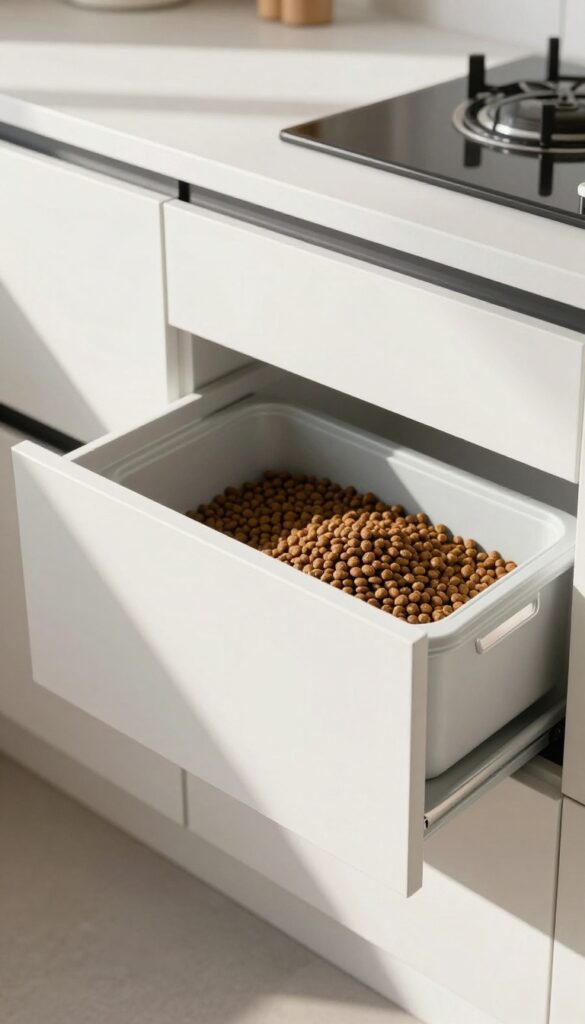 A hidden cabinet compartment in a modern kitchen, featuring a pull-out drawer with an airtight container of dog food, designed to keep kibble fresh and out of sight while blending with home decor.