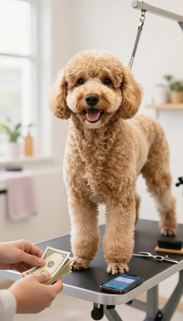 A well-groomed dog on a salon table with money or a phone for tipping in the foreground