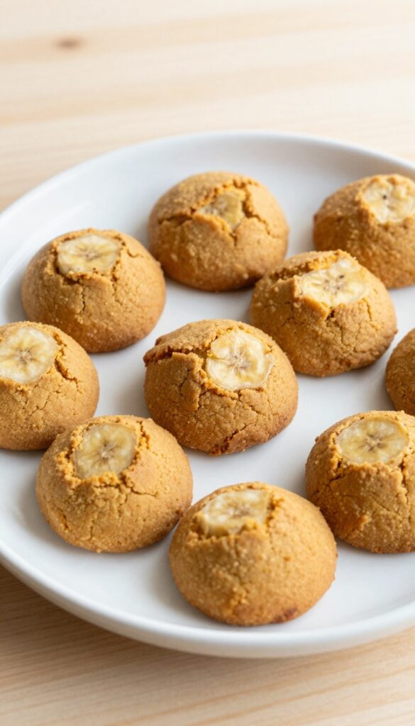 Homemade banana pumpkin soft dog cookies for dogs with sensitive stomachs, arranged on a plain white plate with a light wooden background, showcasing their soft texture and natural ingredients in a clean, photorealistic style.