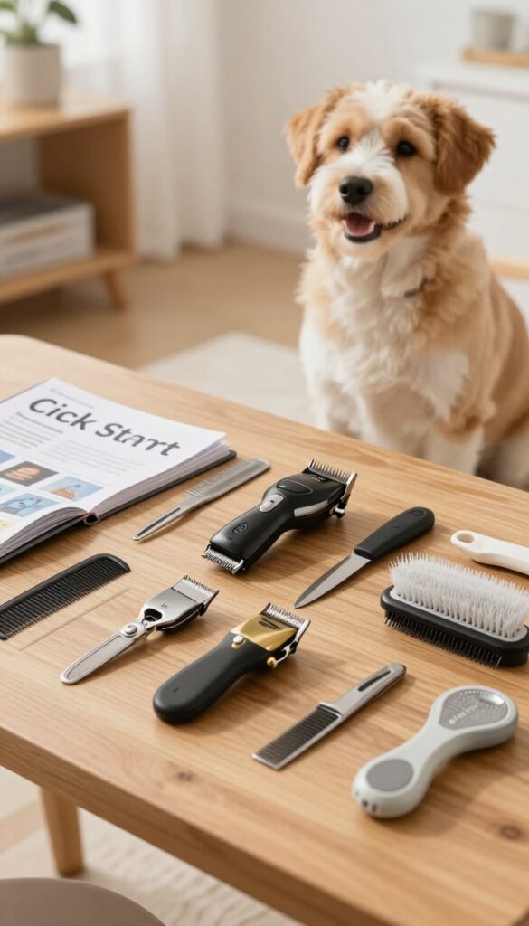 A DIY dog grooming kit with clippers and brushes on a table next to a well-groomed short-haired dog in natural light.