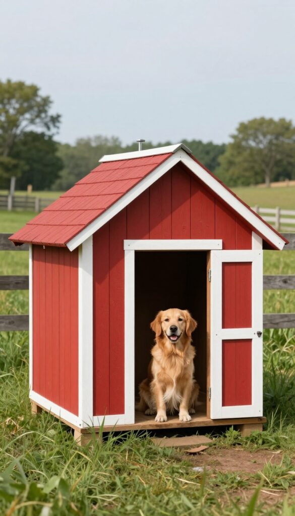 Classic board-and-batten mini barn dog house in red with white trim and cupola, Golden Retriever sitting beside it in sunny farmyard