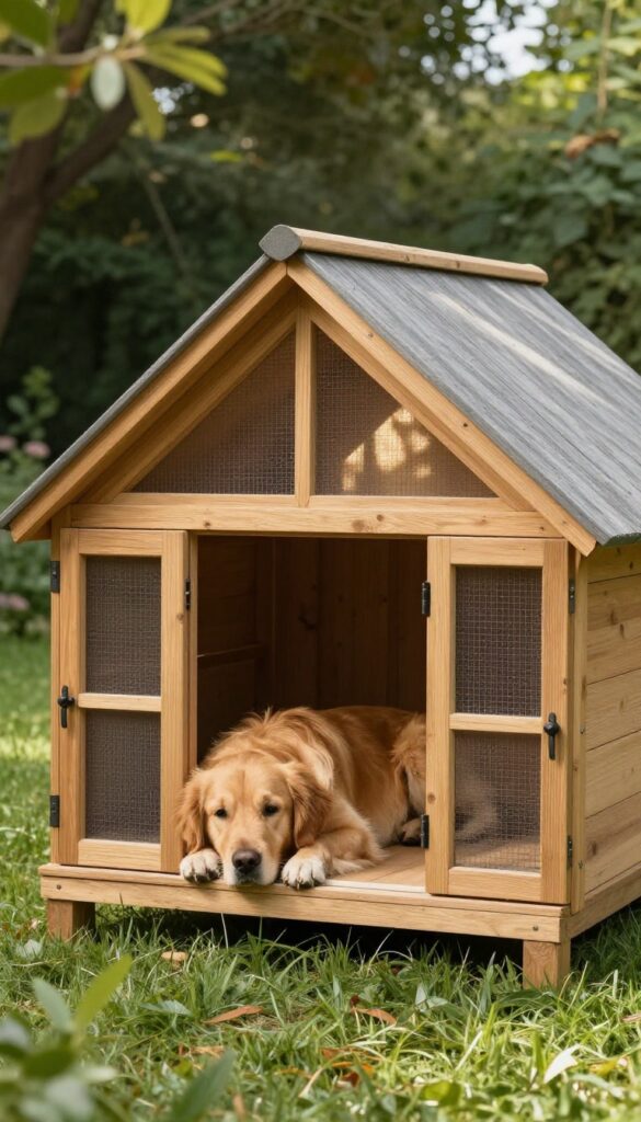 Insulated dog house with screened porch and golden retriever lounging on the porch