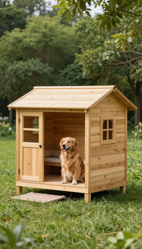 Wooden A-frame dog house with detachable porch, golden retriever lounging on porch cushion