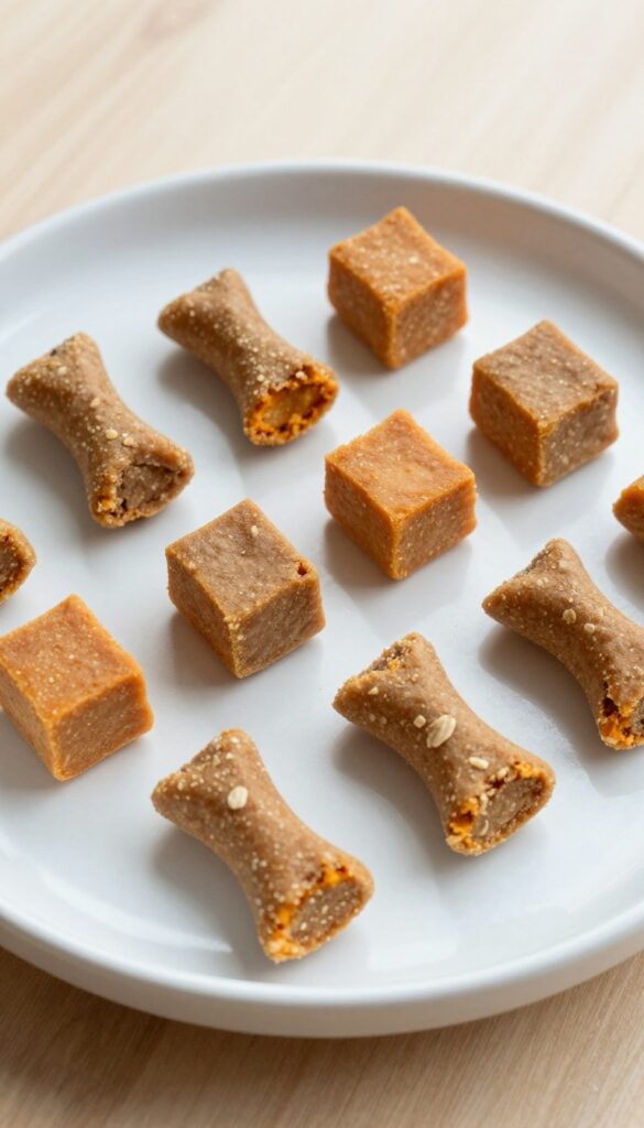 Homemade sweet potato and apple cubes for puppies, soft training treats arranged on a plain plate in natural light.