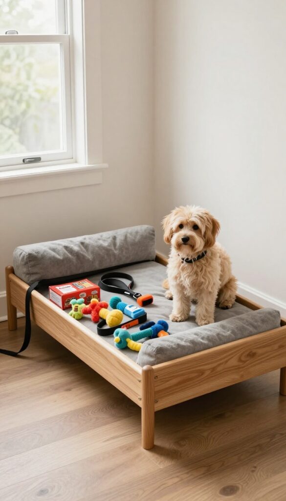 Dog lying on a multi-functional storage bed that looks like an ottoman, with top lifted to show organized supplies inside