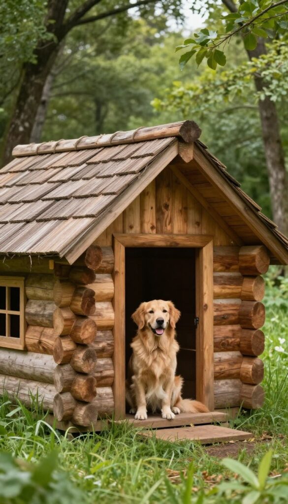 Rustic log cabin dog house in a wooded backyard with a dog sitting in front