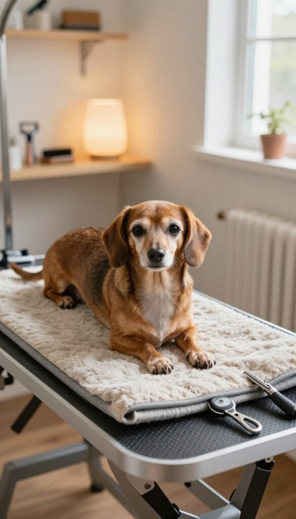A senior dog resting comfortably on a grooming table in a gentle grooming corner, showcasing a calm and safe environment for older pets during grooming sessions.