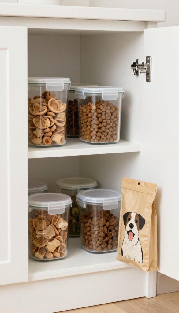 A narrow pull-out shelf in a pantry cabinet with dog food and treats organized in airtight containers and accessories like a measuring cup and treat bag hanging on a hook.