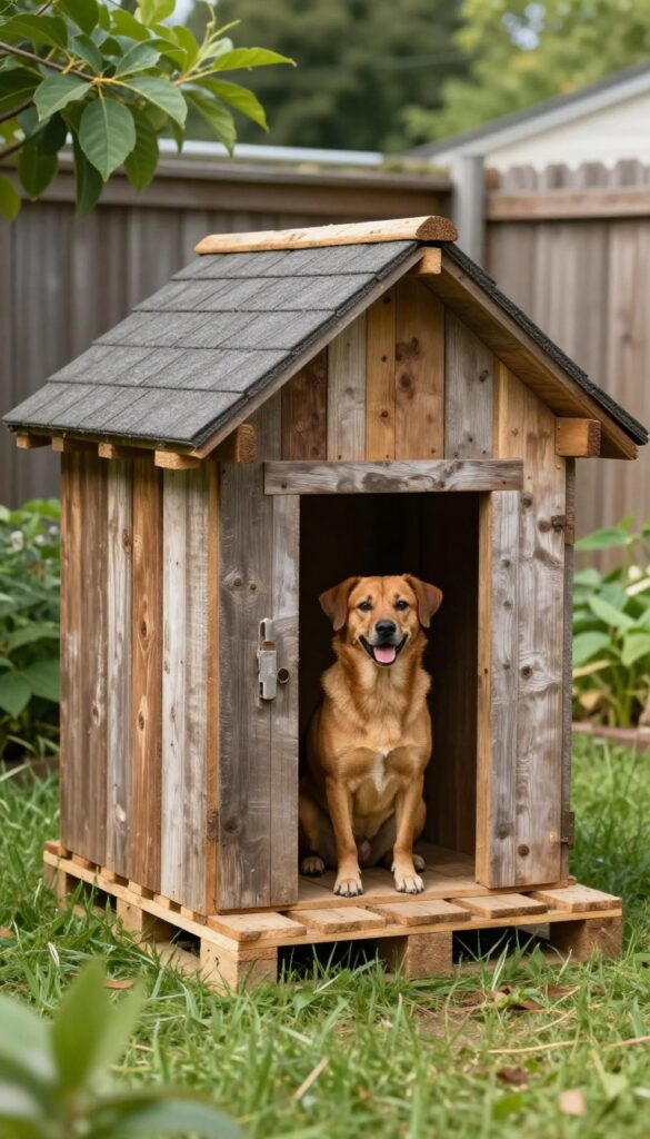 Upcycled pallet dog house in backyard with a happy brown dog sitting in front