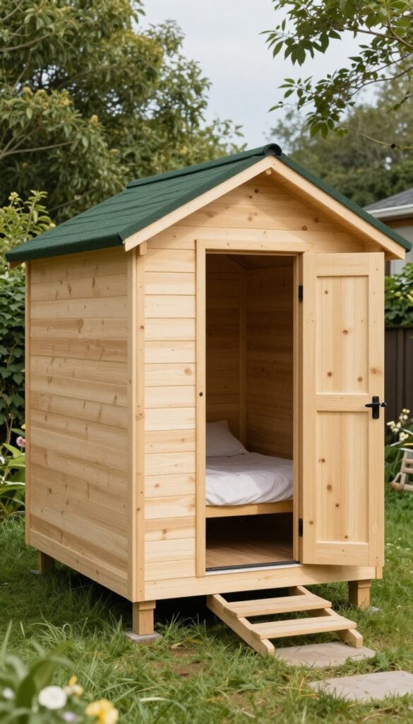 Scandinavian-inspired dog cabin with light wood and dark roof in sunny backyard