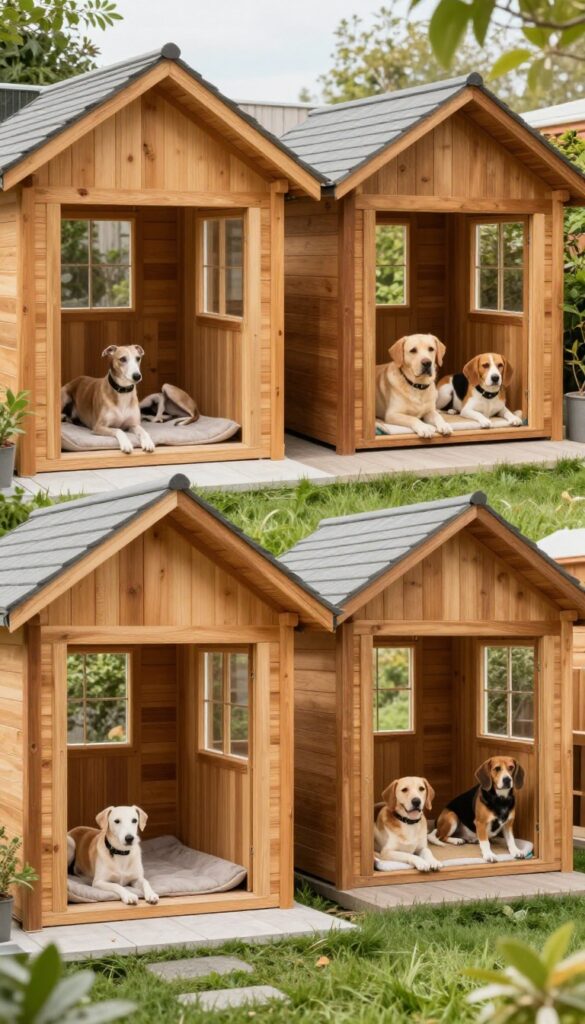 Three dogs relaxing in a glass sunroom connected to individual wooden dog house boxes.