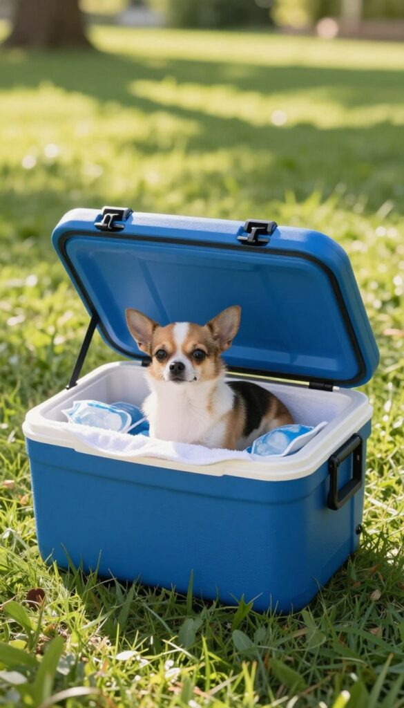 Small Chihuahua resting inside a repurposed blue cooler with ice packs on grass