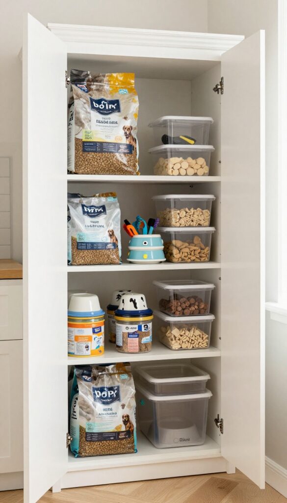 A tall pull-out pantry cabinet with adjustable shelves organized for dog food and supplies in a bright kitchen setting.