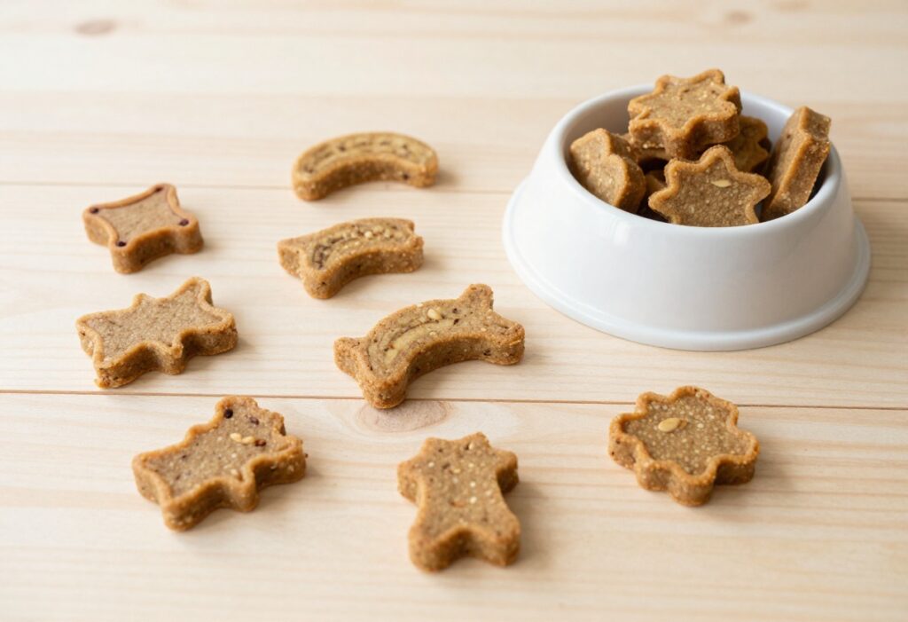 A variety of homemade dog treats, including banana oat peanut butter bites, arranged on a plain wooden surface with a dog-safe bowl, representing easy three-ingredient recipes for a dog treat blog.