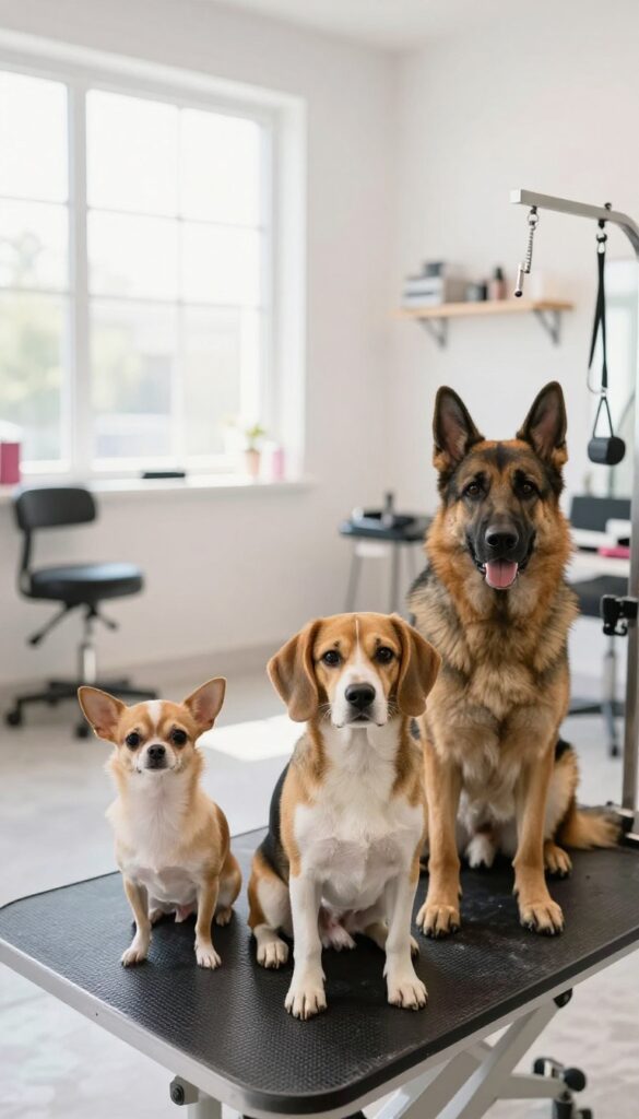 Three dogs of varying sizes—Chihuahua, Beagle, and German Shepherd—posed together in a bright grooming salon to demonstrate breed-based pricing tiers for dog grooming services.