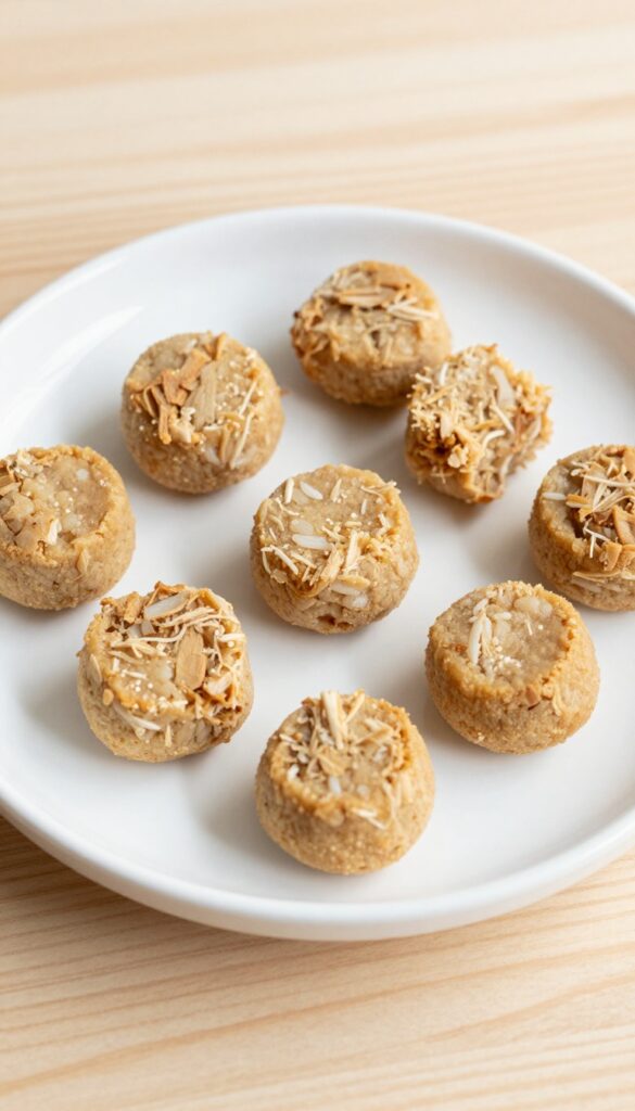 Homemade chicken and rice mini dog treats on a plain plate, showcasing their texture and ingredients for a hypoallergenic recipe.