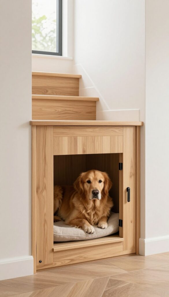 Built-in dog crate under the stairs with custom wood door and sleeping golden retriever