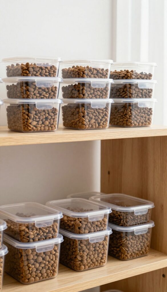 Slim clear containers storing dog food in a narrow pantry gap, showcasing space-saving storage ideas for pet owners.