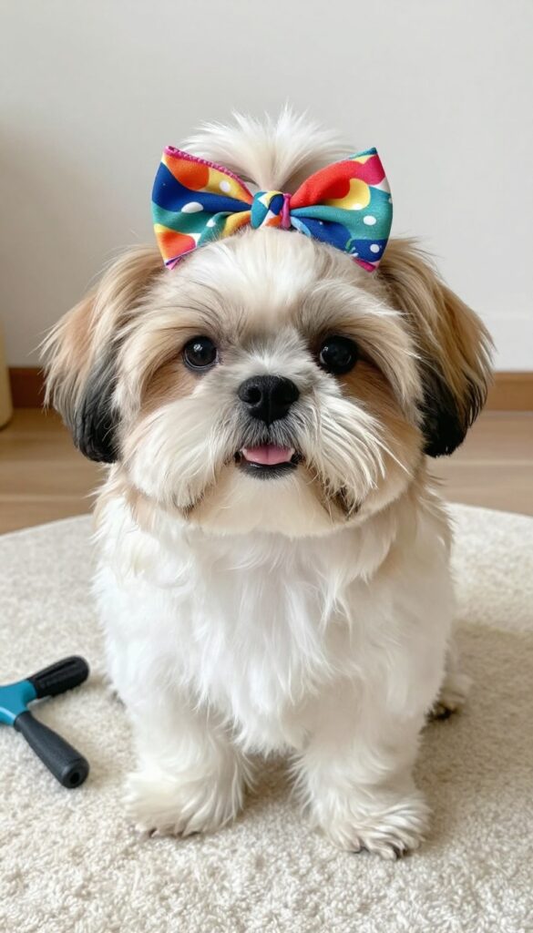 A Shih Tzu dog with a topknot style and colorful accessory in natural light, showcasing easy grooming for pet owners.