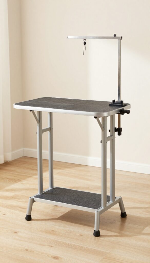 An adjustable dog grooming table with secure straps in a well-lit room, highlighting practical and safe home grooming setup.