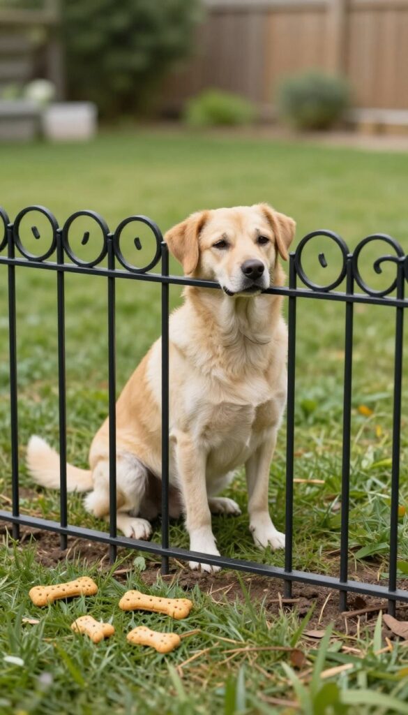 Decorative garden border fence with a small dog and homemade dog treats