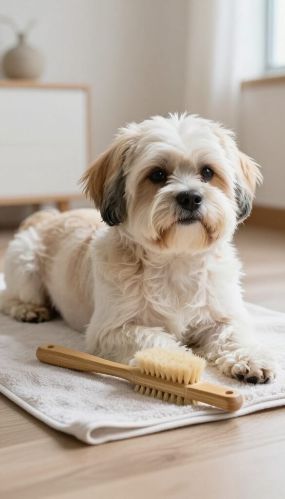 A bamboo brush for gentle grooming placed beside a fluffy dog in a bright apartment, showcasing natural tools for sensitive coats.