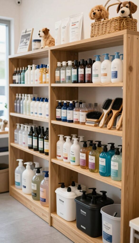Neat display shelves in a dog grooming shop retail area showcasing organized shampoos and brushes in bright natural light.