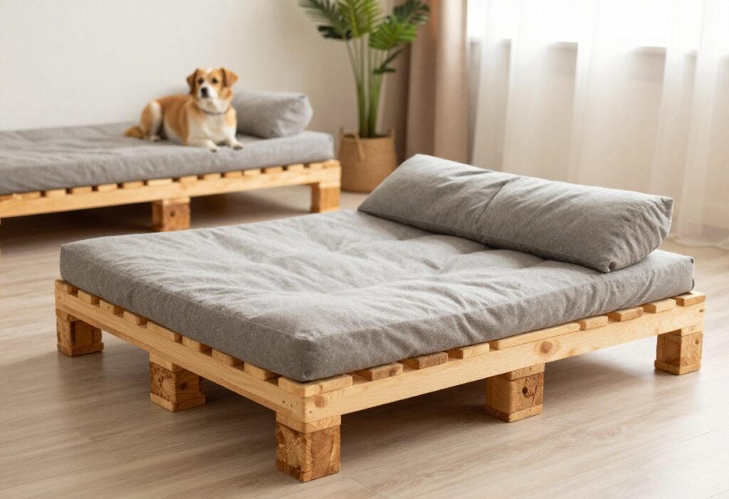 A small dog resting on a wooden pallet dog bed with a gray cushion in a cozy indoor corner.