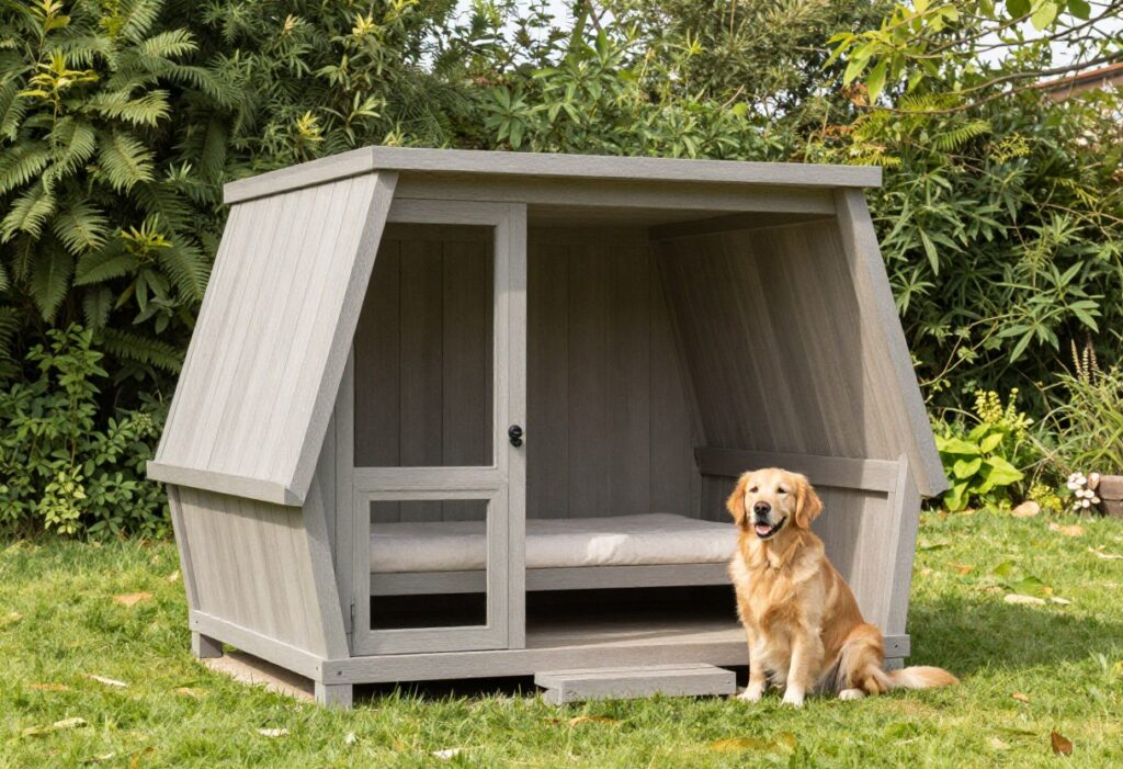 Modern gray A-frame dog house in backyard with golden retriever sitting beside it
