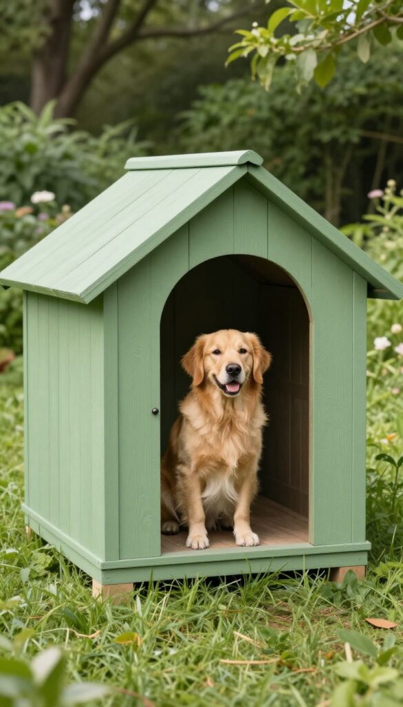 Painted A-frame dog house in sage green with a golden retriever beside it in a sunny backyard