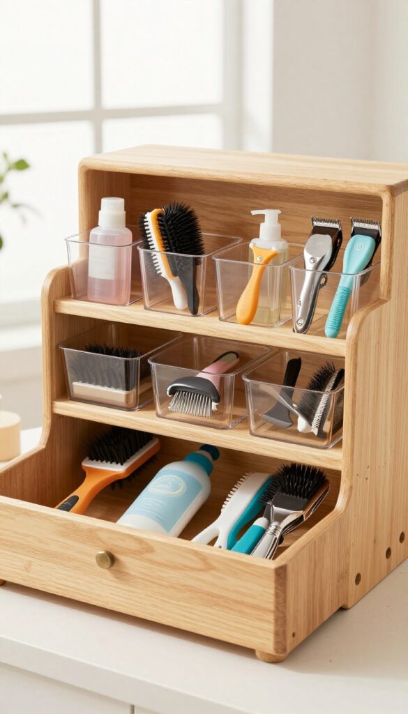 A tidy grooming station with organized dog grooming supplies on a shelf in natural light.