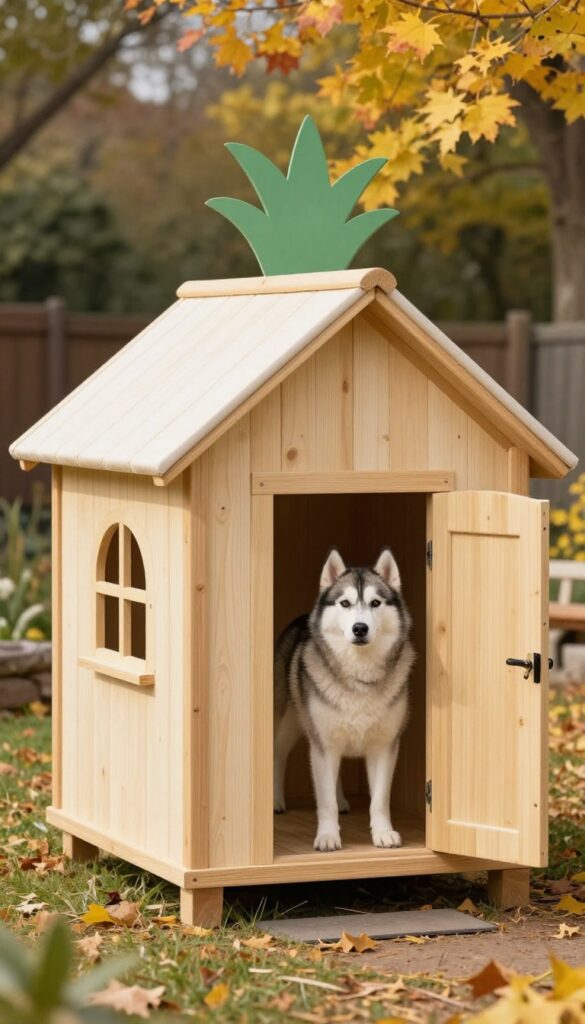 Insulated all-season dog house with flap door and Husky in backyard