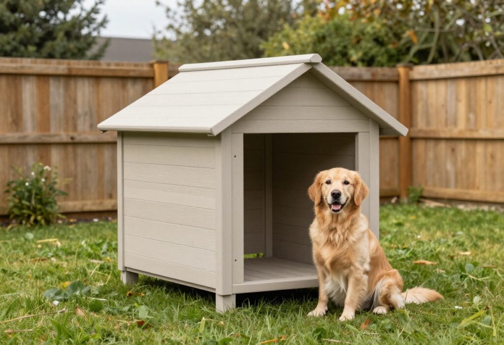 Modern DIY dog house in backyard with golden retriever sitting beside it