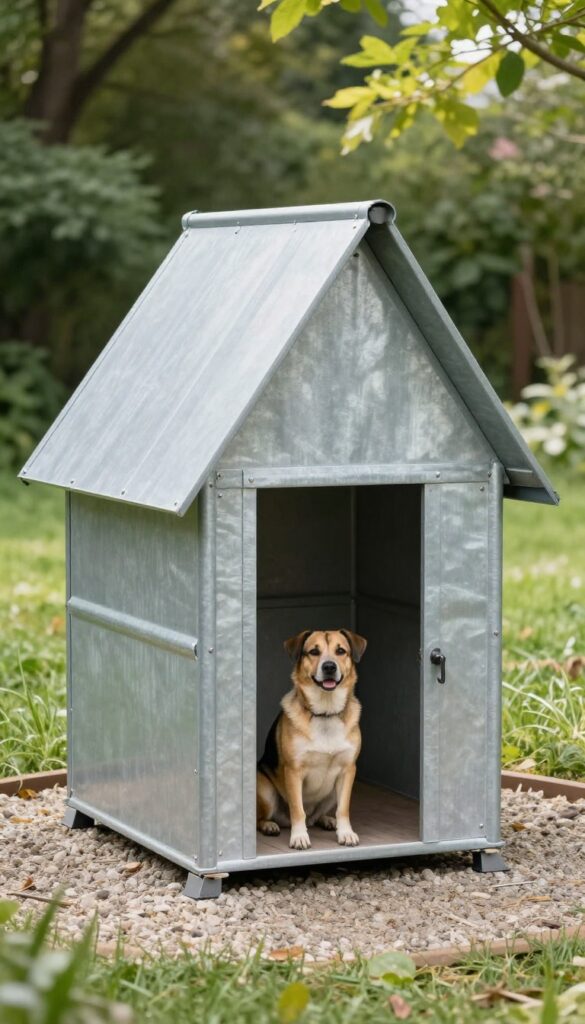 Galvanized steel A-frame dog house in backyard with dog